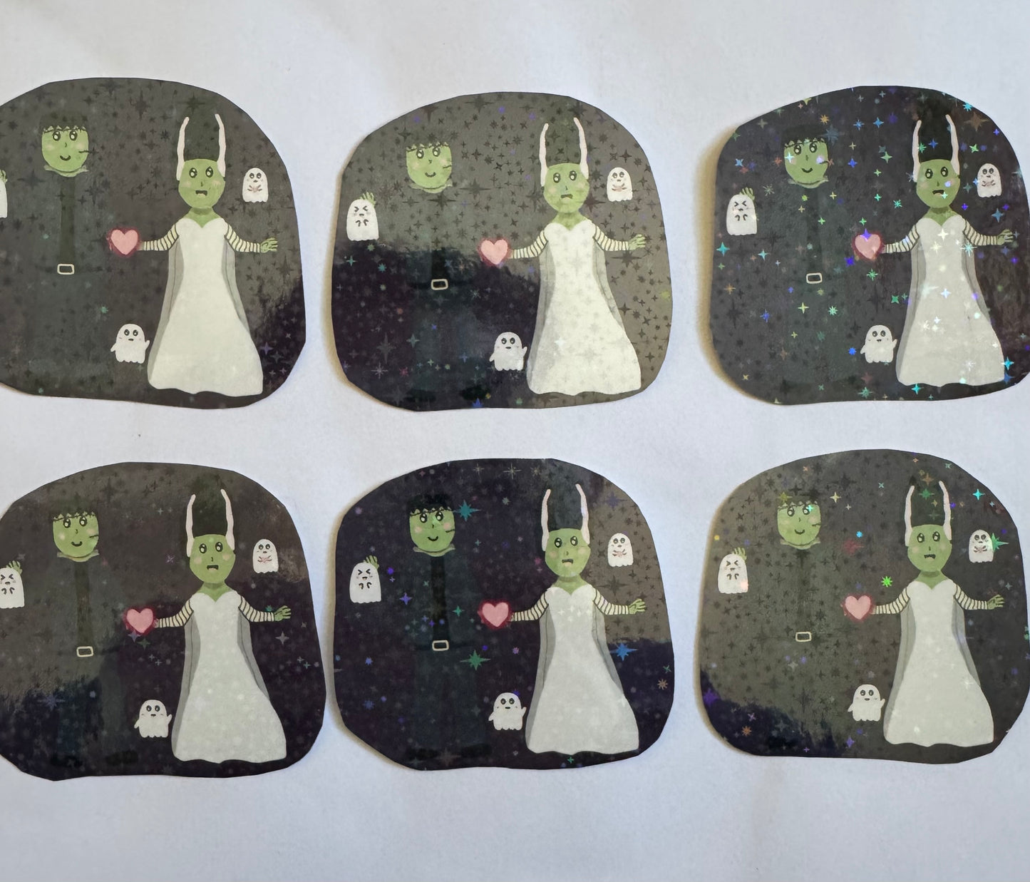 Frankenstein and His Bride In Love Sparkly Vinyl Sticker