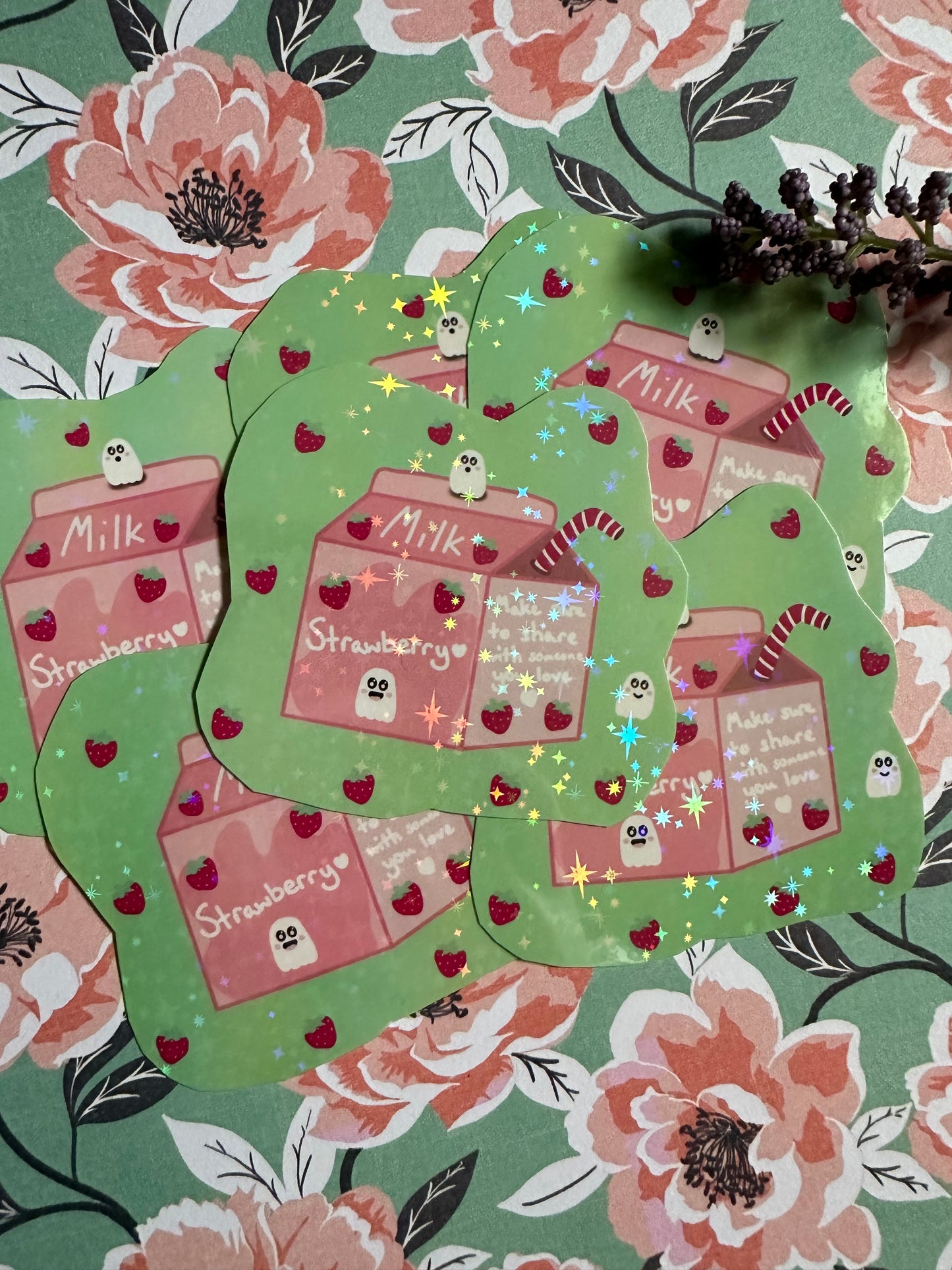 Strawberry Milk and Ghosts Sparkly Vinyl Sticker