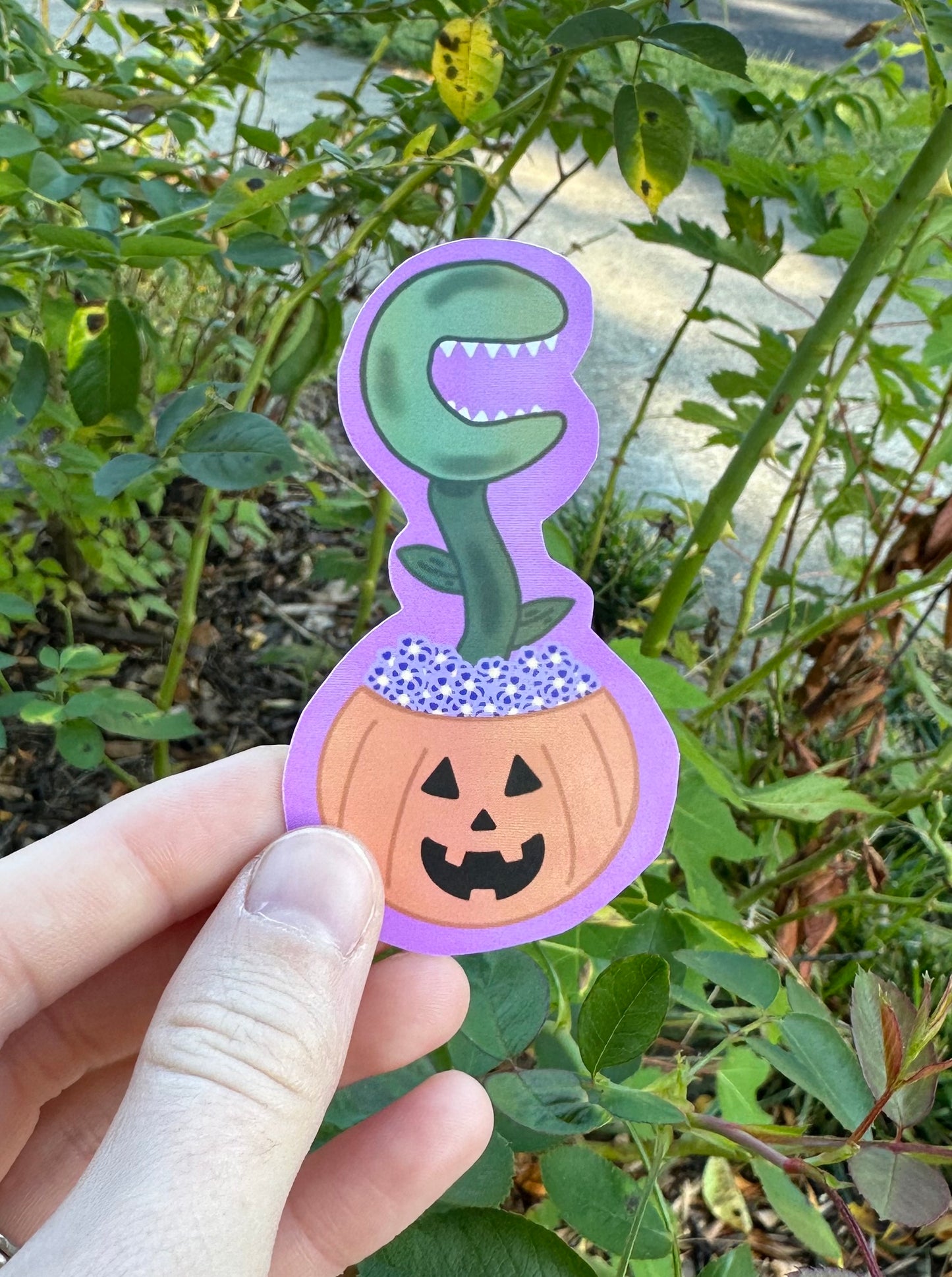 Monster Plant in Pumpkin Pot White Glossy Sticker