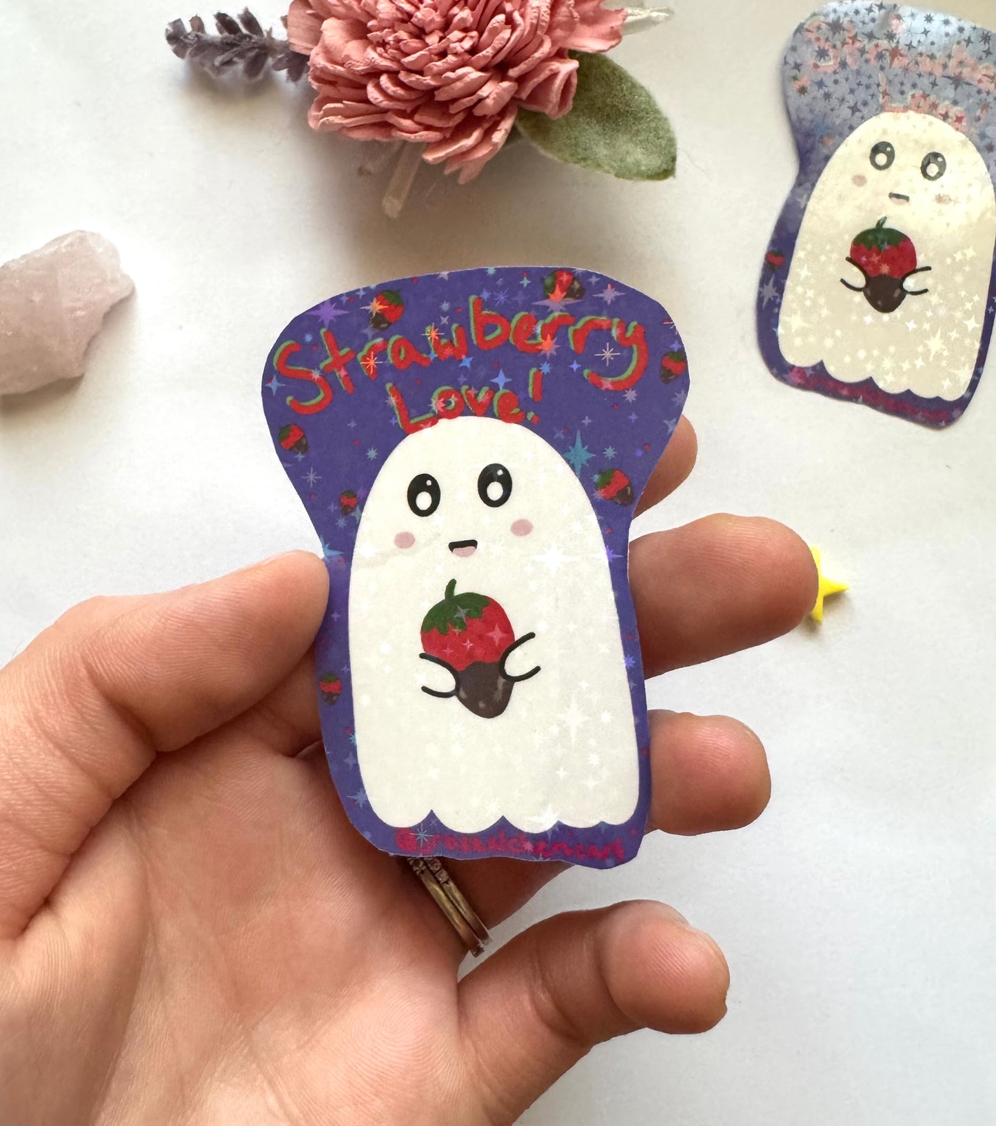 Strawberry Love And Ghosts Sparkly Vinyl Sticker