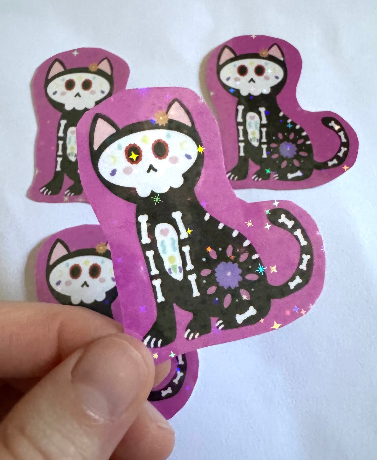 Día de Los Muertos Cat White Sparkly Vinyl Sticker