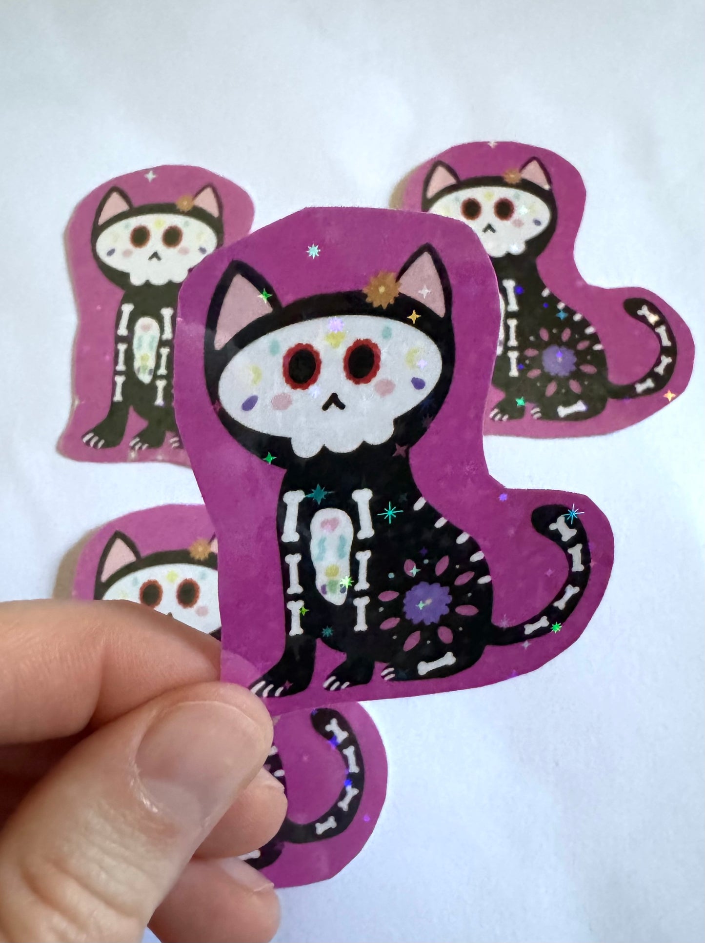 Día de Los Muertos Cat White Sparkly Vinyl Sticker