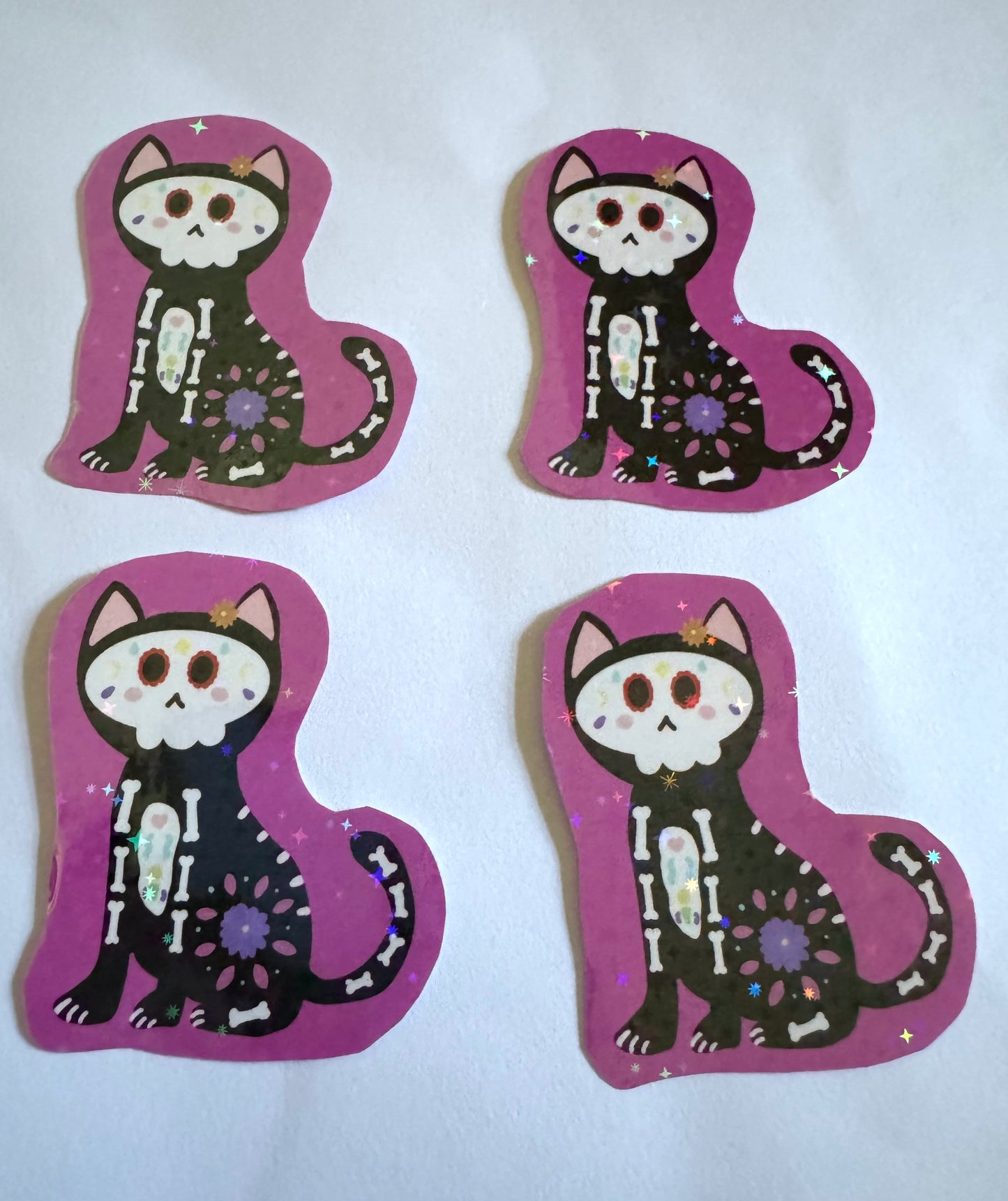Día de Los Muertos Cat White Sparkly Vinyl Sticker