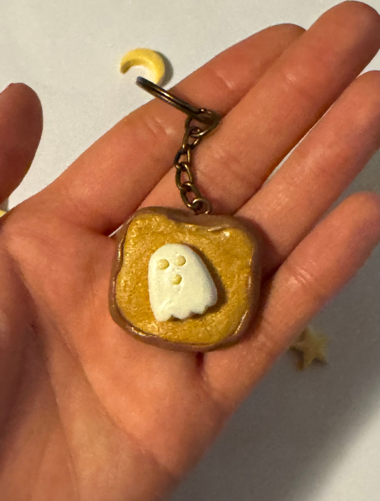 Ghost Egg and Toast Clay Keychain