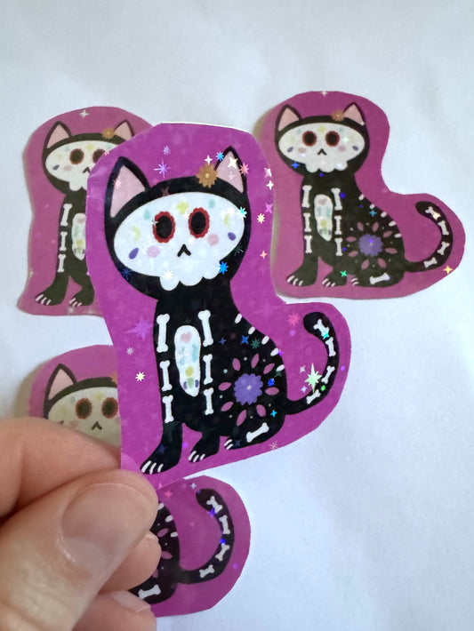 Día de Los Muertos Cat White Sparkly Vinyl Sticker