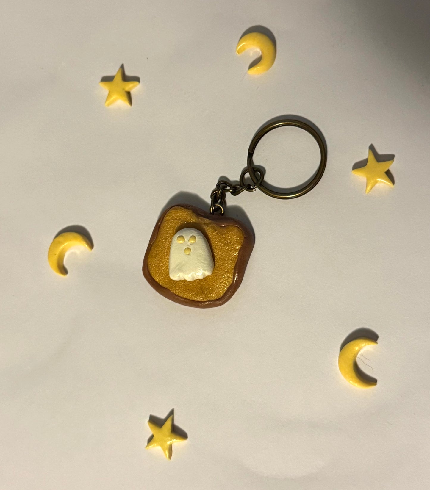 Ghost Egg and Toast Clay Keychain