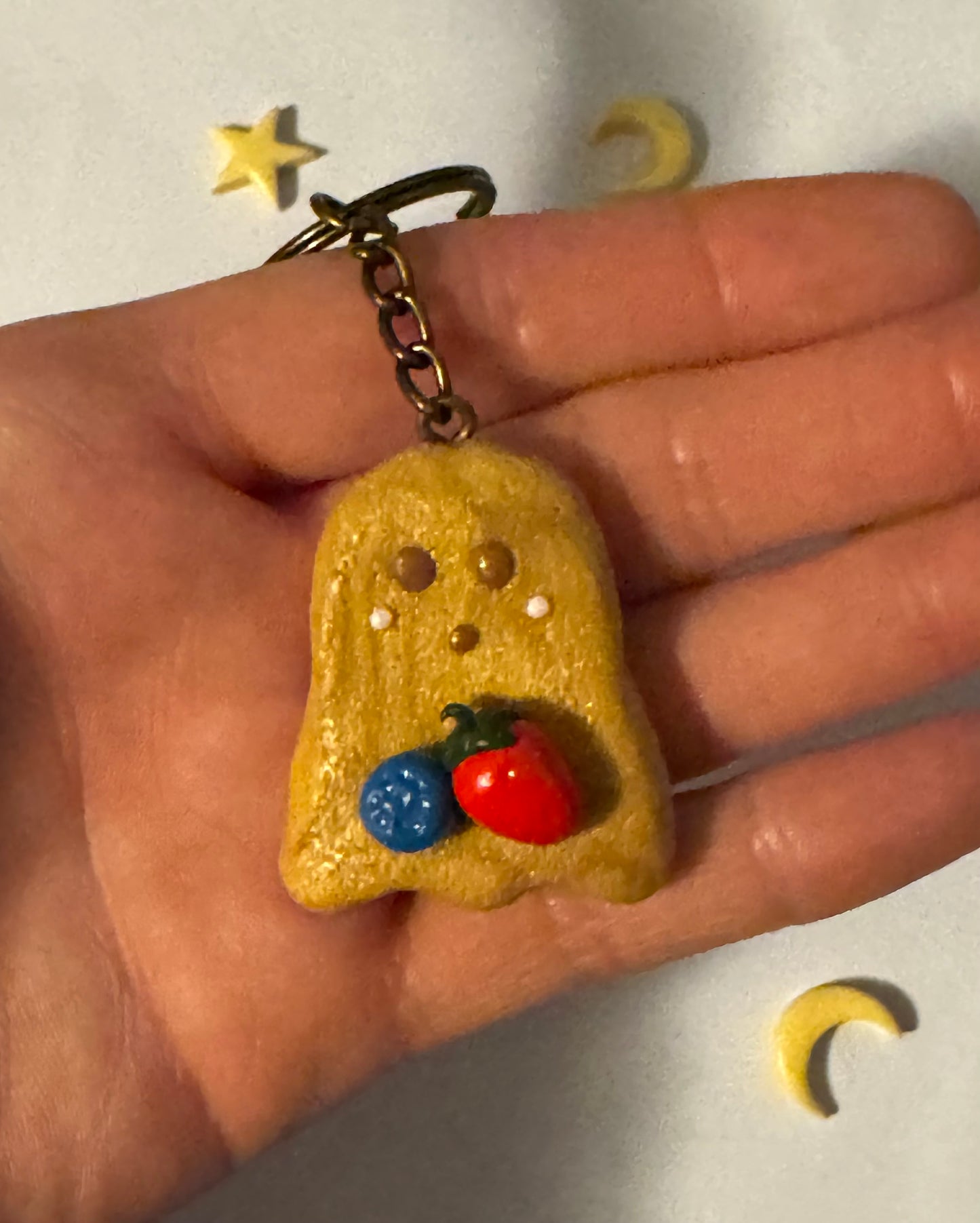 Strawberry and Blueberry Ghost Pancake Clay Keychain